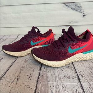 Nike Flyknit React Burgundy and Aqua Sneakers